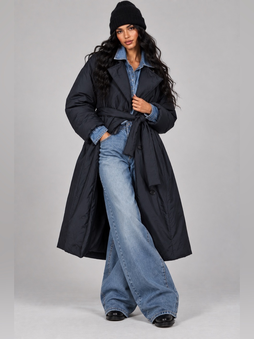 Uniqlo Black Long Belted Streetwear Puffer Trench Coat with Pockets Sz Small